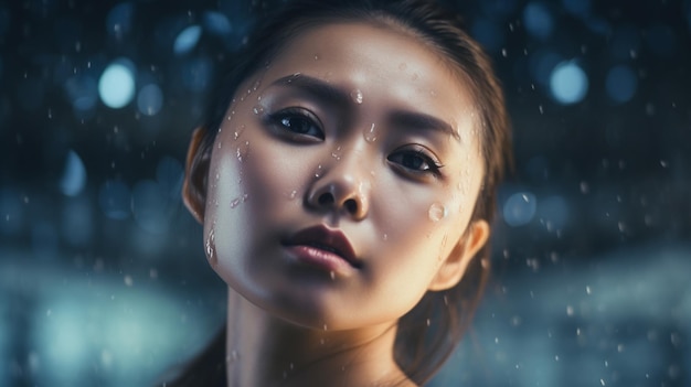 A woman with water drops on her face