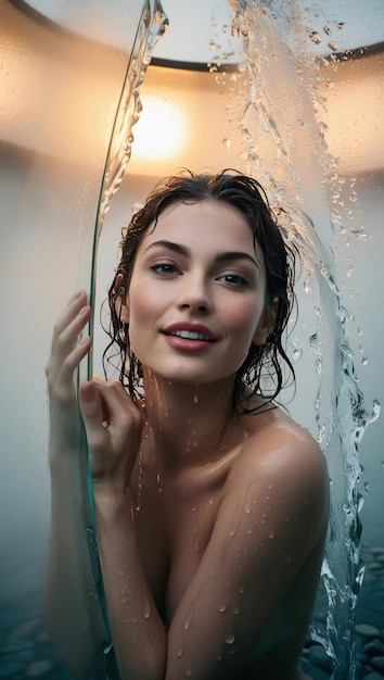 Photo a woman with a water hose in her hand is holding a glass