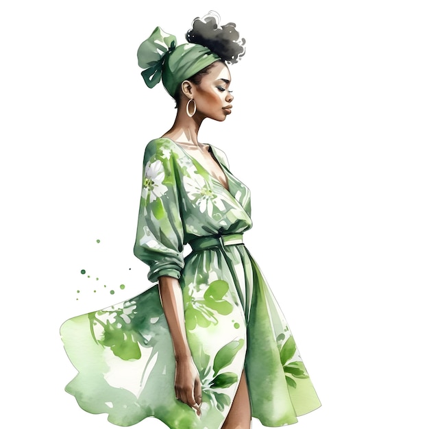 A woman with a watercolor green floral outfit