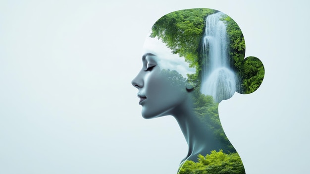 A woman with a waterfall in the background and trees AI