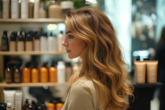 Woman with wavy blonde hair in beauty store