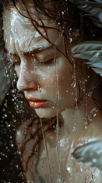 a woman with wet eyes and wet hair