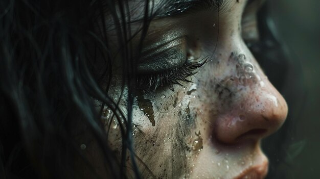 a woman with a wet face has a wet face and water drops on her face