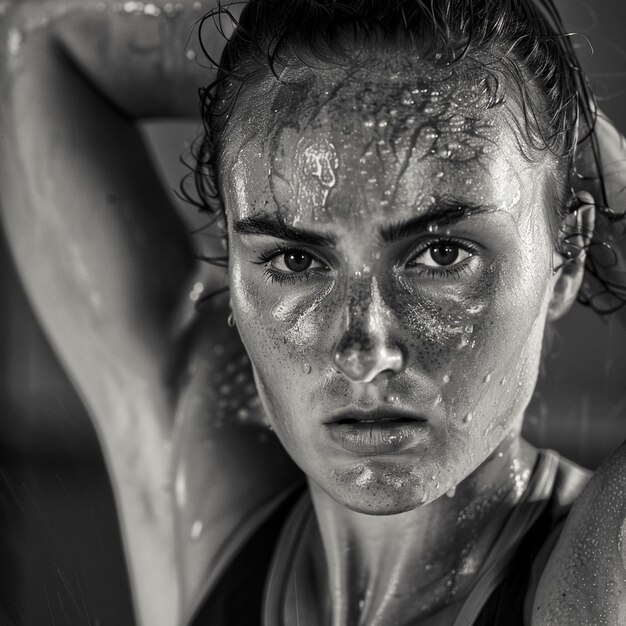 Photo a woman with a wet face and a wet tattoo on her arm