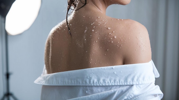 a woman with wet hair is standing in front of a mirror