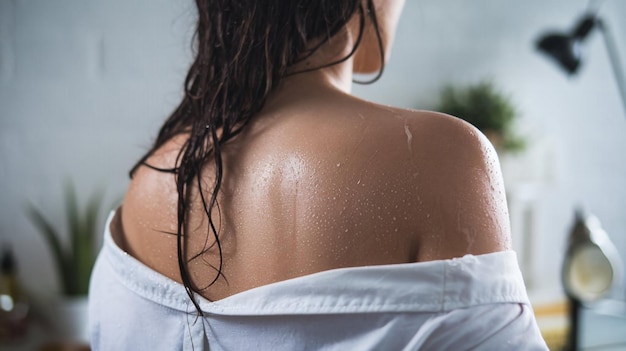 a woman with wet hair is standing in front of a window with a white shirt that says  no