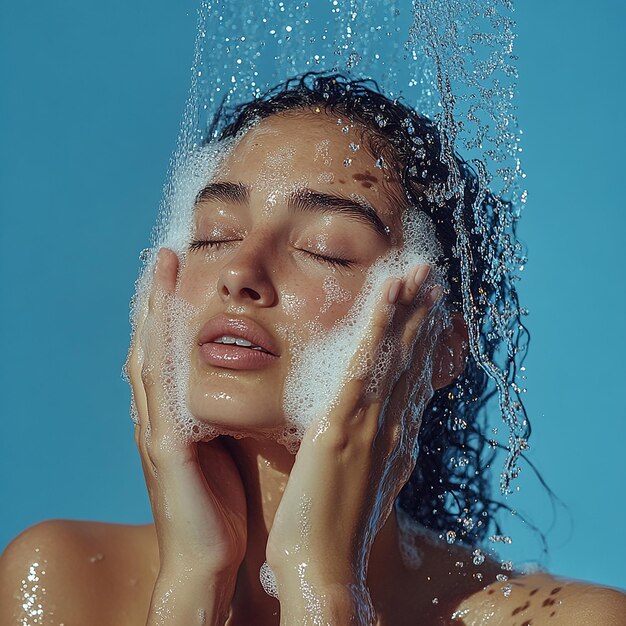 Photo a woman with wet hair is washing her face with water splashing on her face