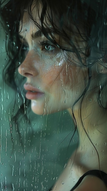 a woman with wet hair looking out of a window with water drops on her face