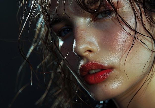 a woman with wet hair and a red lipstick