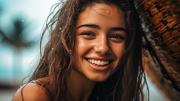 A woman with wet hair smiles at the camera.