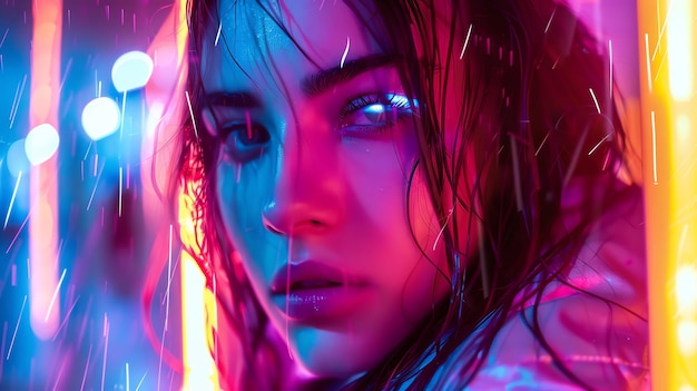 A woman with wet hair stares intensely at the camera illuminated by colorful neon lights