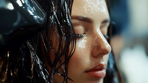 Photo a woman with wet hair and water drops on her face