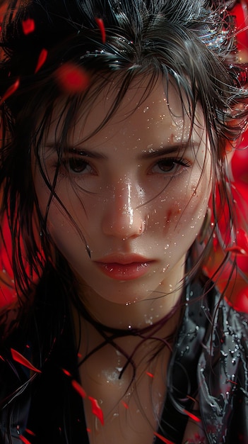 a woman with wet hair and a wet face has a wet face and a red background