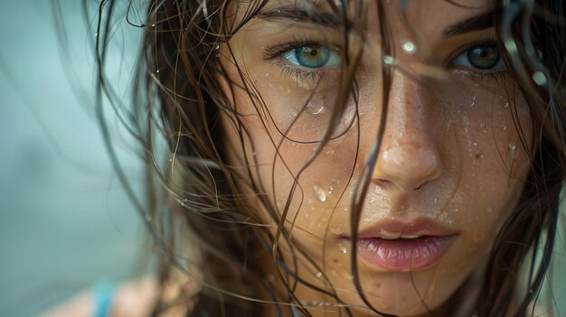 a woman with wet hair and a wet face is looking up