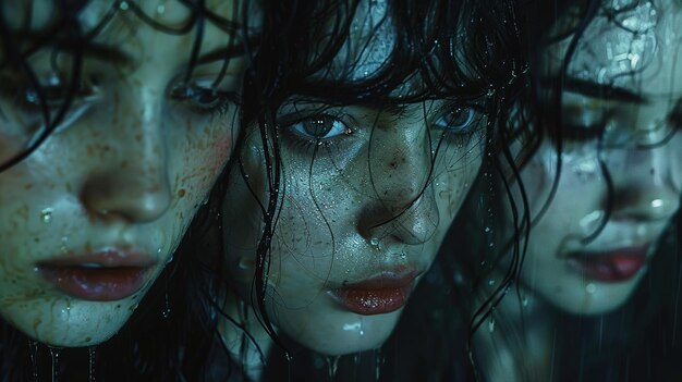 a woman with wet hair and a wet face is shown