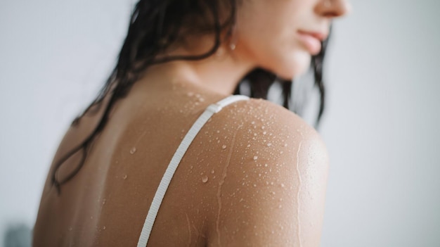 a woman with wet hair and a white bra underneath