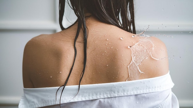 a woman with wet hair and a white dress with water drops on the back