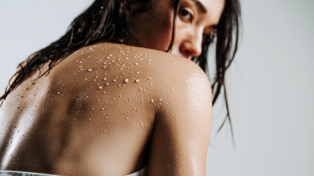 a woman with wet hair and a white dress with water drops on her back