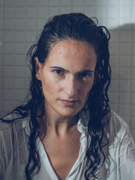 Woman with wet long hair and white clothes looking at camera sadly against white tiled wall