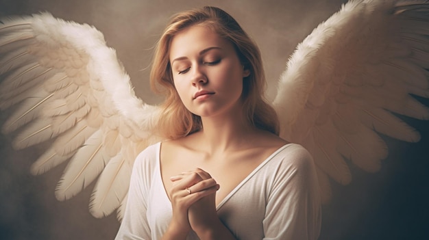 A woman with white angel wings prays in prayer.