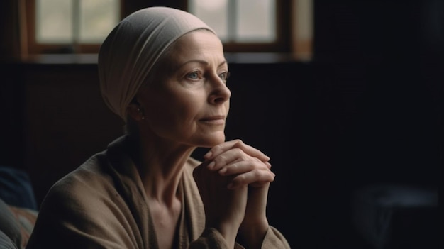 A woman with a white cap on her head sits in a dark room with her hands folded in prayer.