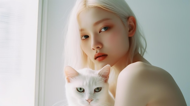 A woman with a white cat