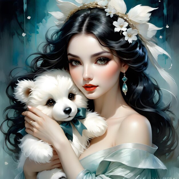 a woman with a white dog and a white dog