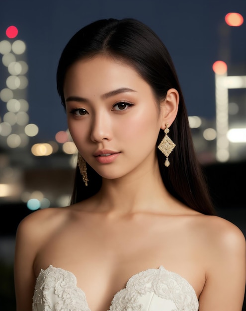 A woman with a white dress and gold earrings