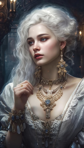 A woman with a white dress and a gold necklace