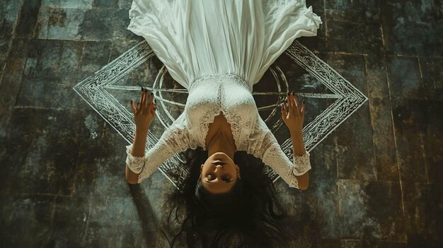 a woman with a white dress is lying on the floor with a white dress on her head