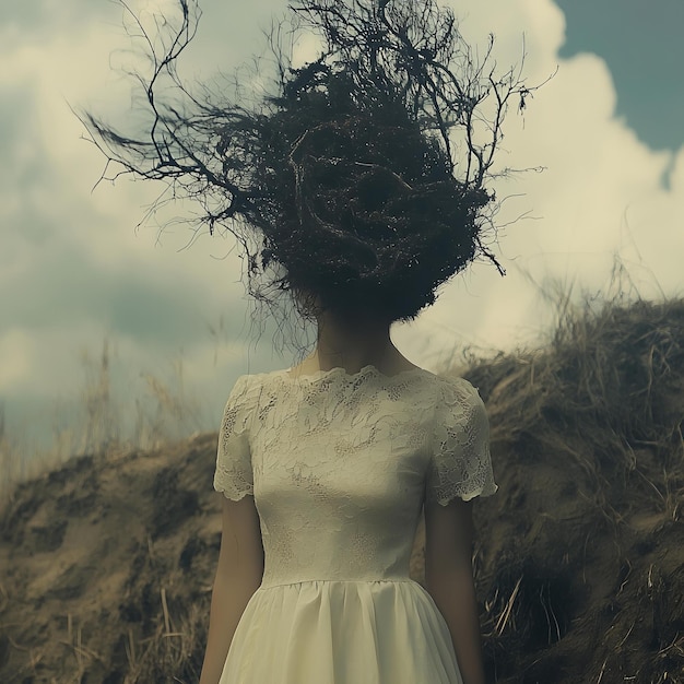 A woman with a white dress that has hair blowing in the wind