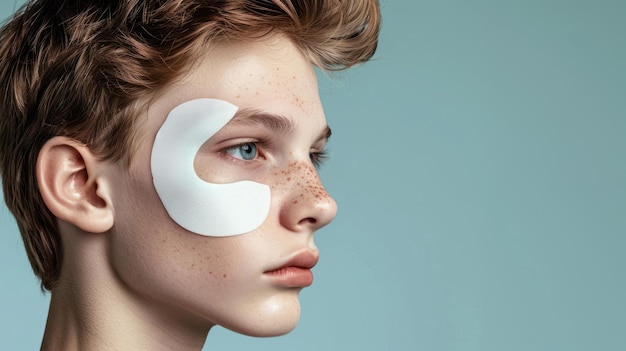 A woman with a white eye patch covering one eye offering a skincare concept in a studio setting