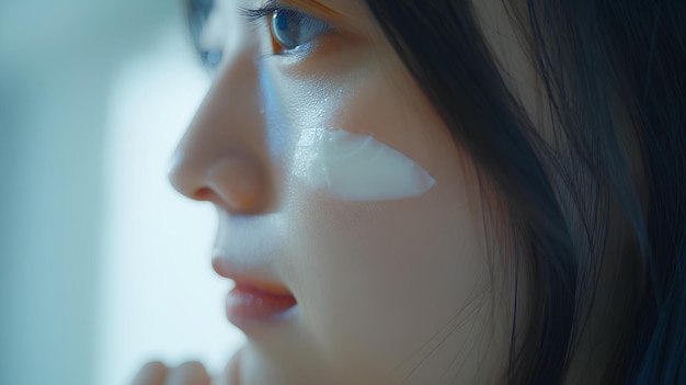 A woman with a white eyeliner and a blue background is looking at something in the distance with her