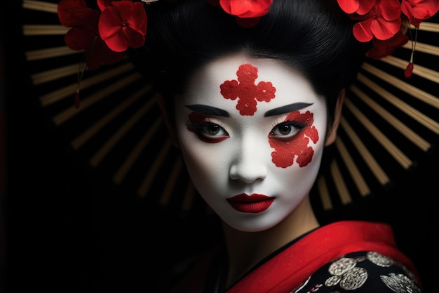 a woman with white face and red flowers in her hair