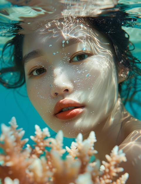 Photo a woman with a white face under water with the words quot snorkel quot on the bottom