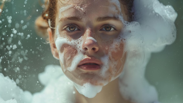 a woman with a white face and a white foam on her face