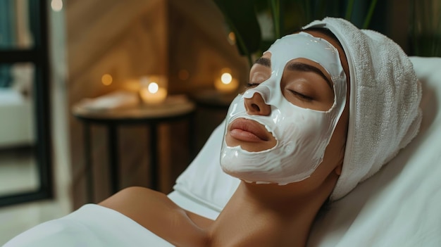 A woman with a white facial mask on her face relaxes on a white spa bed eyes closed