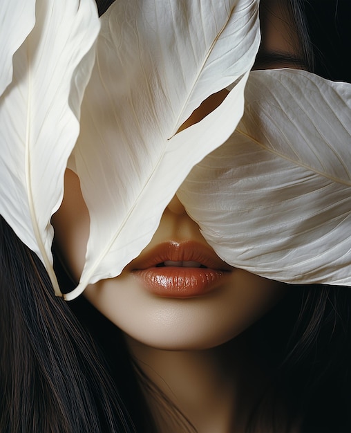 Photo a woman with a white flower covering her face with her eyes closed