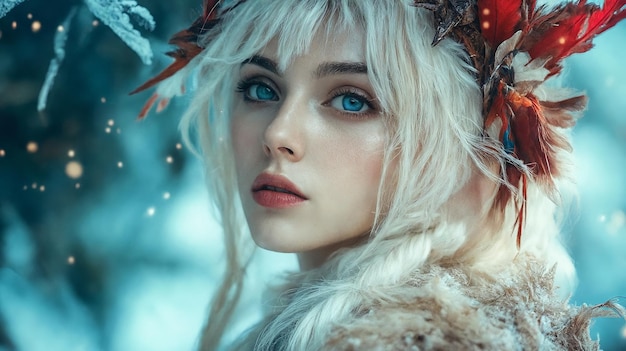 Photo a woman with white hair and blue eyes wearing a fur coat