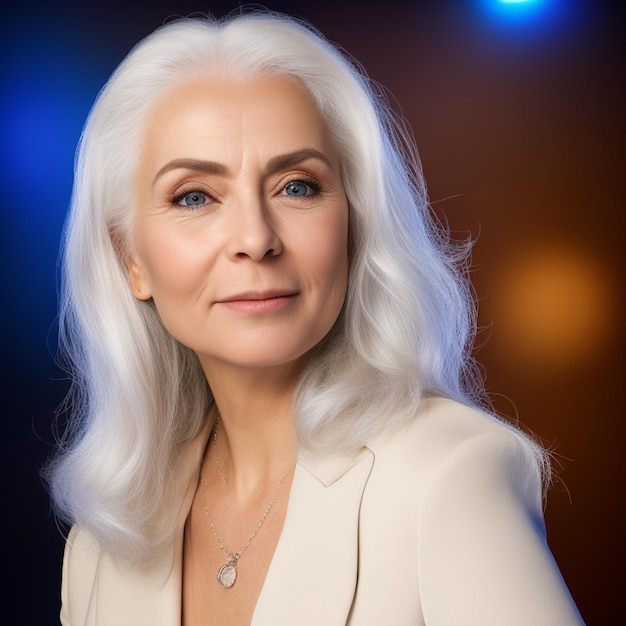 A woman with white hair and a blue necklace is looking at the camera.