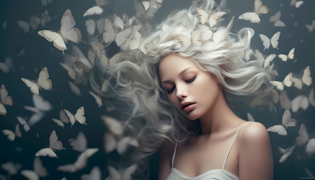 A woman with white hair and butterflies floating around her head