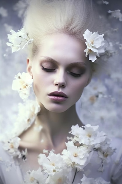 A woman with white hair and flowers on her head