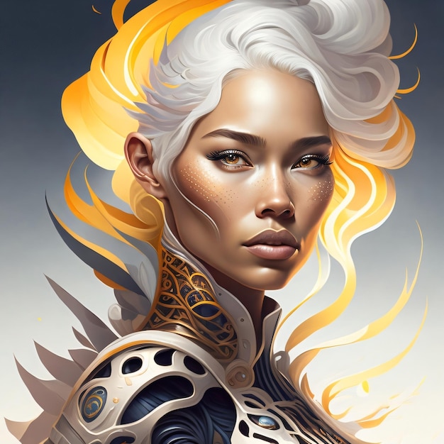 A woman with white hair and a golden sun on her head