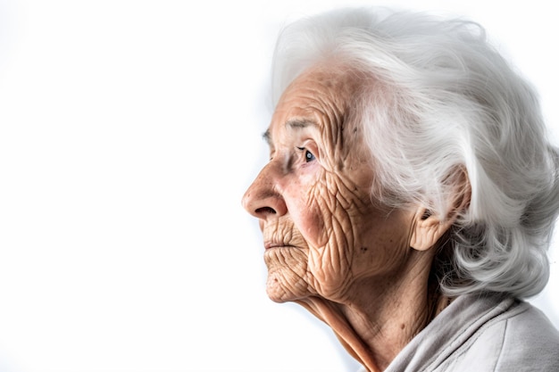 a woman with white hair and a gray sweater