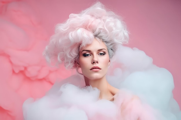 A woman with white hair and pink smoke generative AI