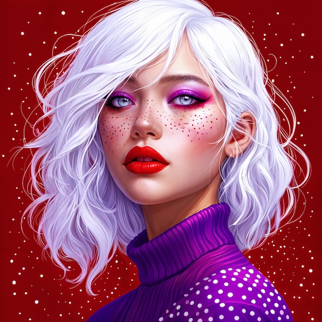 A woman with white hair wearing red lipstick and a purple sweater set against a red background speckled with small white dots