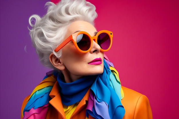 Woman with white hair wearing sunglasses and scarf on her neck Generative AI