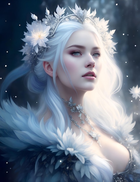 A woman with white hair and a white crown.