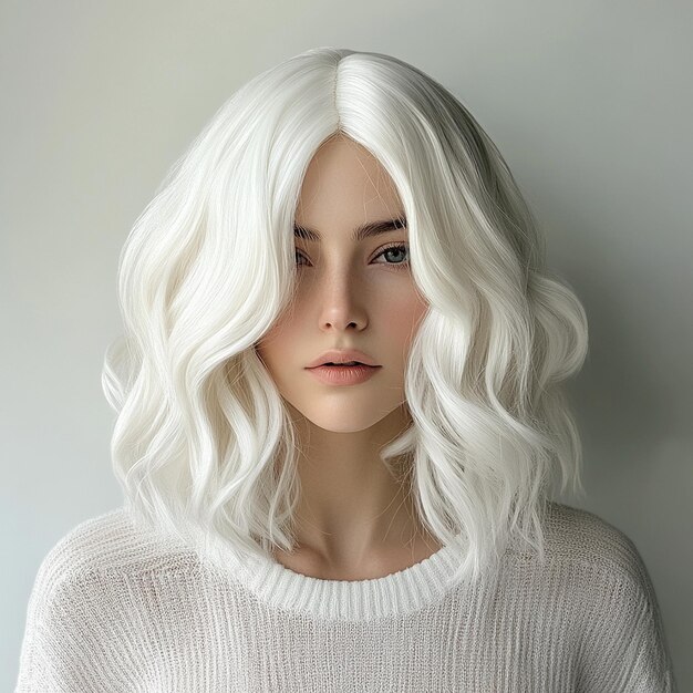 Photo woman with white hair and white knitted sweater