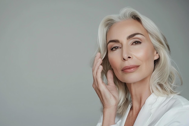 a woman with white hair and a white shirt is holding her eyes closed